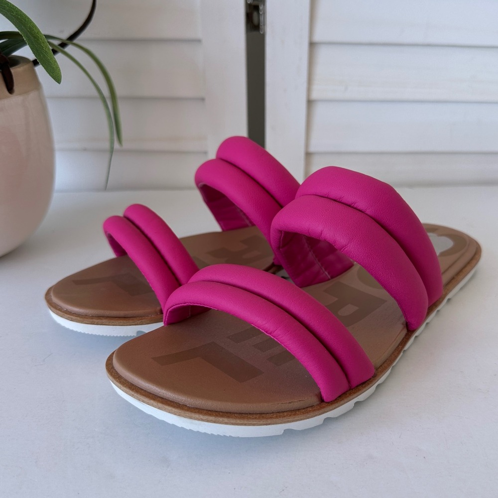 Sorel‎ Women's Ella II Pink Leather Puff Slides Sandals Slip On Shoe Size 8.5